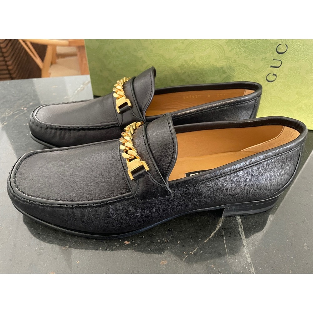 GUCCI 643620 black leather loafers with gold-tone chain horsebit, UK 9 - Picture 3 of 6